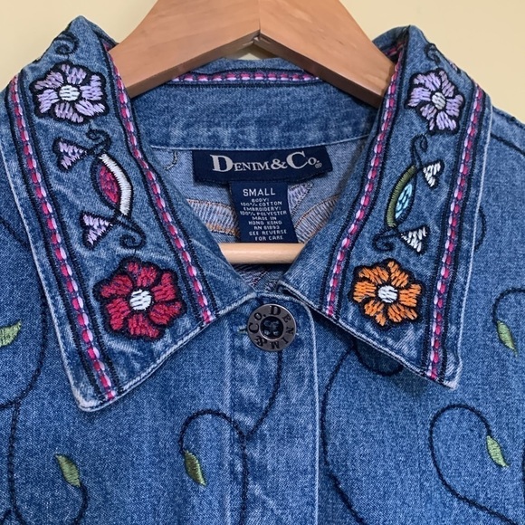 Denim & Co Embroidered Denim Jean Button Down Floral Long Boho Shirt Jacket S - Picture 14 of 17